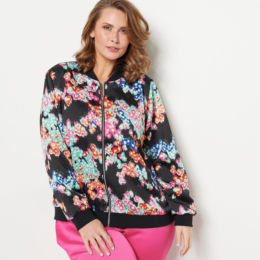 J Jason Wu Printed Floral Abstract Black Bomber Zip Up Jacket Size 3x